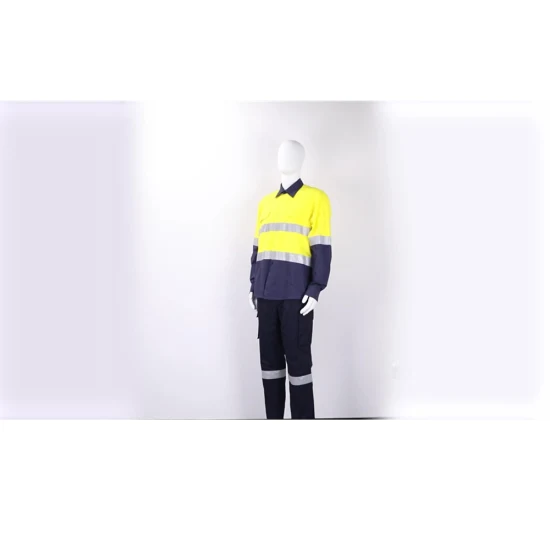 Maßgeschneiderte, zweifarbige, langärmlige Sicherheits-Arbeitskleidung für den Bergbau, Uniform, Warnschutz-Reflektor-Baumwollhemd