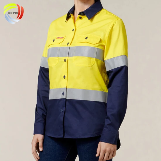 Zweifarbige, reflektierende Sicherheitskleidung für Damen, langärmlig, Warnschutz-Arbeitshemden aus Baumwolle mit Klebeband